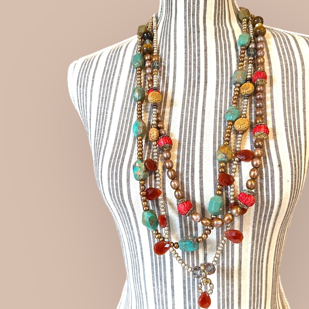 ‼️OFFERS Huge Handmade Layered Necklace Semi-Precious Gemstones Wood Pearls 925